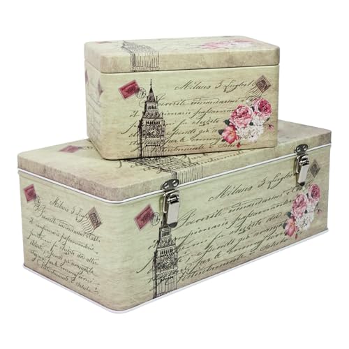 DreamsEden Tin Metal Keepsake Boxes, Vintage Decorative Storage Box with Lid for Keepsakes Memory Seed Tea Container, Set of 2 - color: Tower