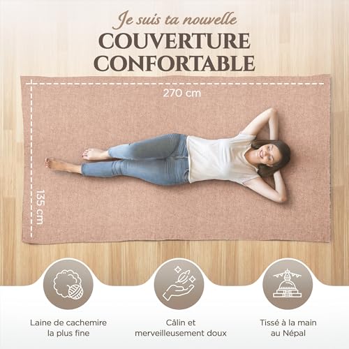 Cashmere Blanket – Hand Woven 100% Pure Wool Throw Blanket, 135 x 270 cm – Plain Cozy, and Soft Blanket for Bed, Sofa, or Couch - Made in Nepal - color: Brown