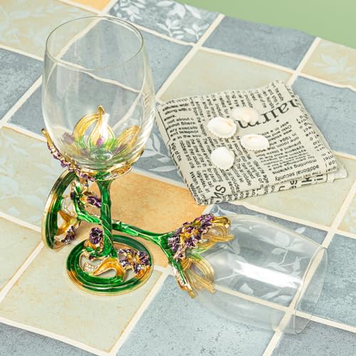 Comeon Flower Wine Glasses Hand Painted Wine Glasses Green 2 Set | Green Enamels Floral Design, Included Gift Box, Transparent Glass, Long Stem Crystal Red Wine Glasses - color: Green/ 2 set (gift box)