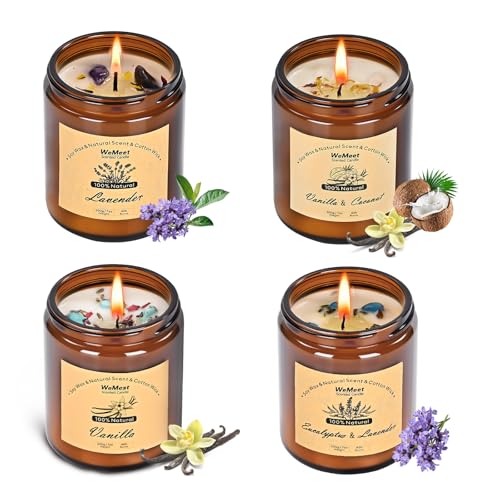 WEMEET Scented Candles Set, 4 Pack Aromatherapy Candle with Crystals, 28 oz 160 Hour Long Lasting Candle, Soy Wax Scented Candle with Dried Flowers, Gifts for Men, Women, Birthday, Mother's Day - color: 4 Pack