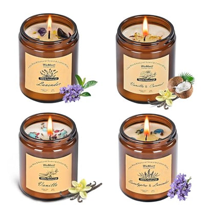 WEMEET Scented Candles Set, 4 Pack Aromatherapy Candle with Crystals, 28 oz 160 Hour Long Lasting Candle, Soy Wax Scented Candle with Dried Flowers, Gifts for Men, Women, Birthday, Mother's Day - color: 4 Pack