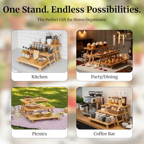 3 Tier Serving Tray, Wooden Tiered Stand for Charcuterie | Tiered wooden food display for cupcakes, cheese and appetizers; ideal for dessert tables, parties, weddings and events.