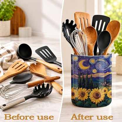Starry Night Kitchen Utensil Holder,Sunflower Field Ceramic Utensil Crock for Countertop,Cooking Tools Storage jar for Spatulas and Spoons,Housewarming Gifts 6.3" - color: Starry Night Sunflower Field