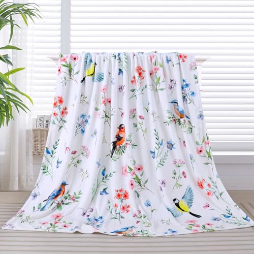 Floral Bird Blanket Ultra Soft Watercolor Flowers Throw Blankets Wildflower Flannel Fleece Throw Botanical Warm Cozy Fuzzy Plus Gifts Cabin Blanket for Bed Sofa,60" X 80" - color: Oragne Bird, size: 60"×80"