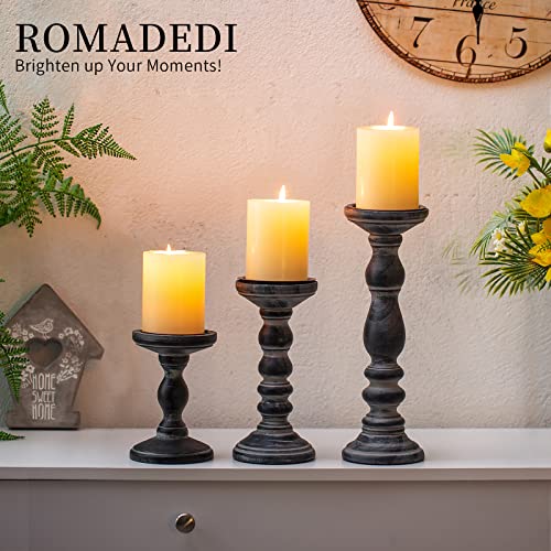 Romadedi Black and Gray Distressed Wood Pillar Candle Holders, Set of 3 | Rustic Farmhouse Wood Candle Set for Mantel, Dining Table Centerpiece, Entryway, Shelf. - color: Black