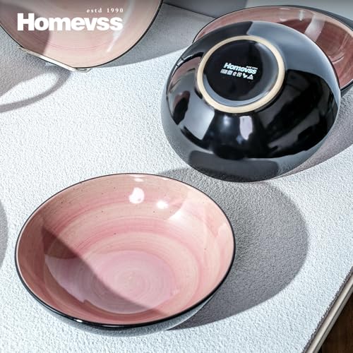 HomeVss, Sonoma Stoneware 16pc Dinnerware Set, Outside Black + Inside Hand Painting Rose - color: Rose