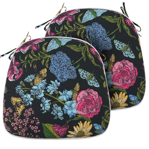 Indoor/Outdoor Chair Cushions Set of 2, 17x16x2Inch-Black Flower Butterfly | Round Corner Patio Chair Pads with Ties, Water-Resistant, Patio Seat Cushions for Home Garden Furniture Decoration - color: Black Flower Butterfly, size: Set of 2