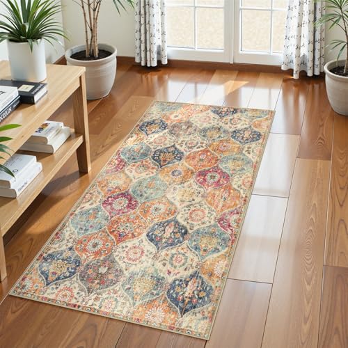 Lahome Moroccan Trellis Hallway Rug, 2x5 Washable Runner Rug Non Slip Kitchen Runners for Hallways, Ultra-Thin Vintage Carpet for Bedroom Bathroom Entryway Elise, Cream/Multi - color: Burnt Orange/Teal Multi, size: 2' X 5' (Runner)
