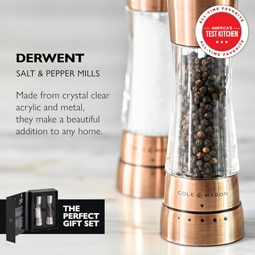 Cole & Mason Derwent Salt & Pepper Mill Gift Set - Refillable Spice Grinder Set 7.5" Salt and Pepper Grinder – Wood - color: Copper