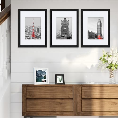 Hongkee 9x12 Black Picture Frames set of 3, Made of Wooden and Glass Photo frame - Displays Picture 6x8 with Mat or 9 x 12 without Mat, Desktop & Wall Collage Frame set - color: Black, size: 9x12 in