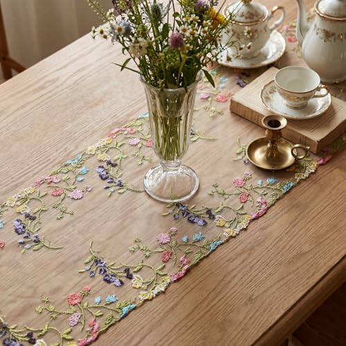 Embroidered Lace Table Runner Spring Summer Floral Tulle Trim Table Runner Flowery for Easter Home Kitchen Dining Wedding Party Indoor Decoration(13 x 36 Inch) - size: 13 x 36 inches