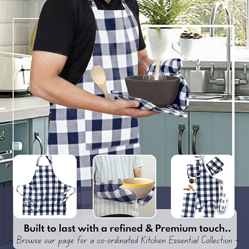 Native Fab Buffalo Plaid Check Oven Mitts and Pot Holders Set of 4, 100% Cotton Heat Resistant Kitchen Gloves, 2 Oven Mitts (7x13), 2 Pot Holders (8x8) for Cooking & Baking, Navy White - color: Buffalo, Navy Blue