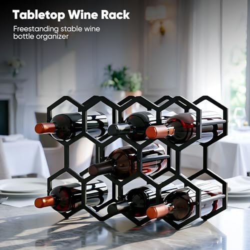 3-Tier Hexagon Metal Countertop Wine Rack, 11 Bottles Tabletop Wine Bottle Holder Stand for Cabinet Pantry, Indoor Outdoor Home Bar Storage Organizer - size: 3-Tier Hexagon Black