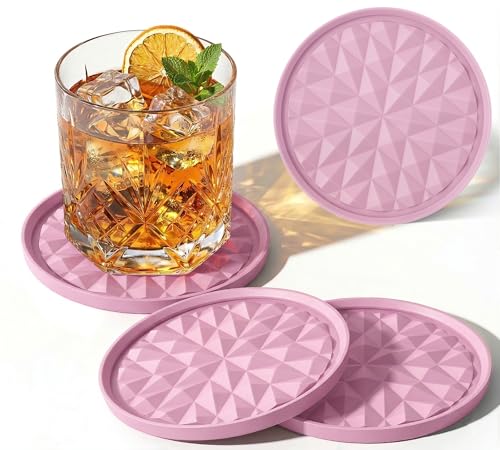 Silicone Drink Coasters Set of 4, Coaster for Desk | Prevents Condensation&Spills, Non-Slip, Reusable&Easy Clean, Diamond Pattern, Cute Home Decor for Women, Gift, Soft Pink - color: Soft Pink, size: 4×3.9inches