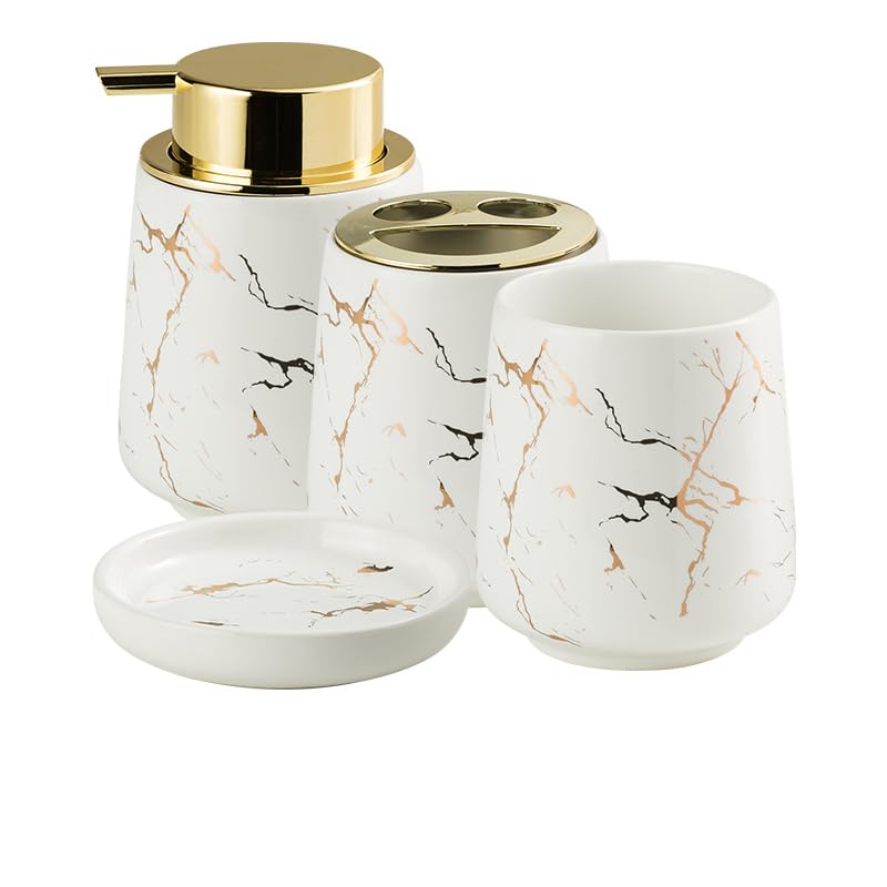YYW Ceramic Bathroom Accessory Set, Marble Soap Dispenser Washing Set- Hand Lotion Dispenser Pump, Toothbrush Holder,Tumblers, Soap Dish-Refillable Liquid Dispenser (White Four Piece)