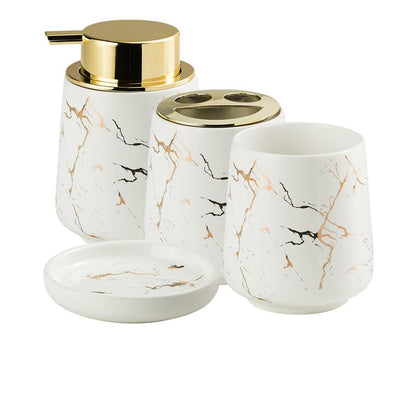 YYW Ceramic Bathroom Accessory Set, Marble Soap Dispenser Washing Set- Hand Lotion Dispenser Pump, Toothbrush Holder,Tumblers, Soap Dish-Refillable Liquid Dispenser (White Four Piece)