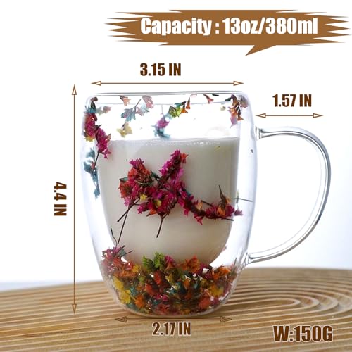 Viovian 13oz Double Wall Glass Coffee Mugs Set of 2 Insulated Glass Coffee Cups with Handles,Clear Dried Flower Tea Mug for for Hot Beverages,Tea Cup Women Birthday Gifts - color: 13oz double wall glass mugs set of 2