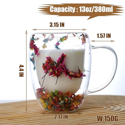 Viovian 13oz Double Wall Glass Coffee Mugs Set of 2 Insulated Glass Coffee Cups with Handles,Clear Dried Flower Tea Mug for for Hot Beverages,Tea Cup Women Birthday Gifts - color: 13oz double wall glass mugs set of 2