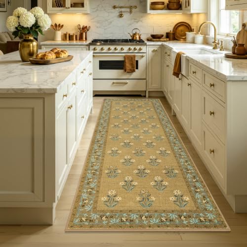 Large Kitchen Runner Rug, Brown, 24" x 59" | Non Slip, Washable, Retro Vintage Floral, For Sink Kitchen Laundry Hallway - color: Brown, size: 24" x 59"