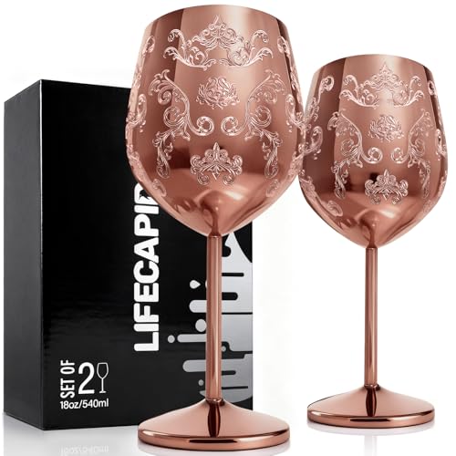 Lifecapido Stainless Steel Wine Glasses Set of 2, 18oz Etched Rose Gold Wine Goblets, Unique Wine Glasses with Intricate Baroque Engravings for Party Wedding Anniversary - color: Rose Gold