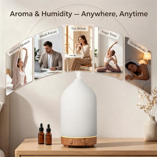 200ML Ceramic Essential Oil Diffuser for Home, Stone Diffuser | Ultrasonic Aromatherapy Diffuser & Air Humidifier for Bedroom, Office, Yoga, 7 LED Lights, Auto Shut-Off, 3 Timers,Wood Grain - color: Wood