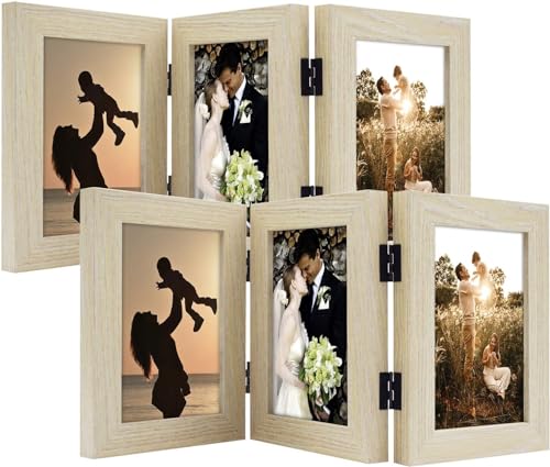 Golden State Art, 4x6 Triple Picture Frame Beige- Real Glass, 2 Pack | Trifold Photo Frame Vertical Display for Desktop - Three Folding Picture Collage - color: Beige, size: 4x6(2 Pack)