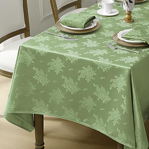 Romanstile Sage Green Jacquard Rectangle Tablecloth, Waterproof Elegant Damask Rose Floral Pattern Table Cloth, Washable Decorative Polyester Table Cover for Spring Holiday Dinner - 52 x 70 Inch - color: Sage, size: 52" x 70" (Rectangular)