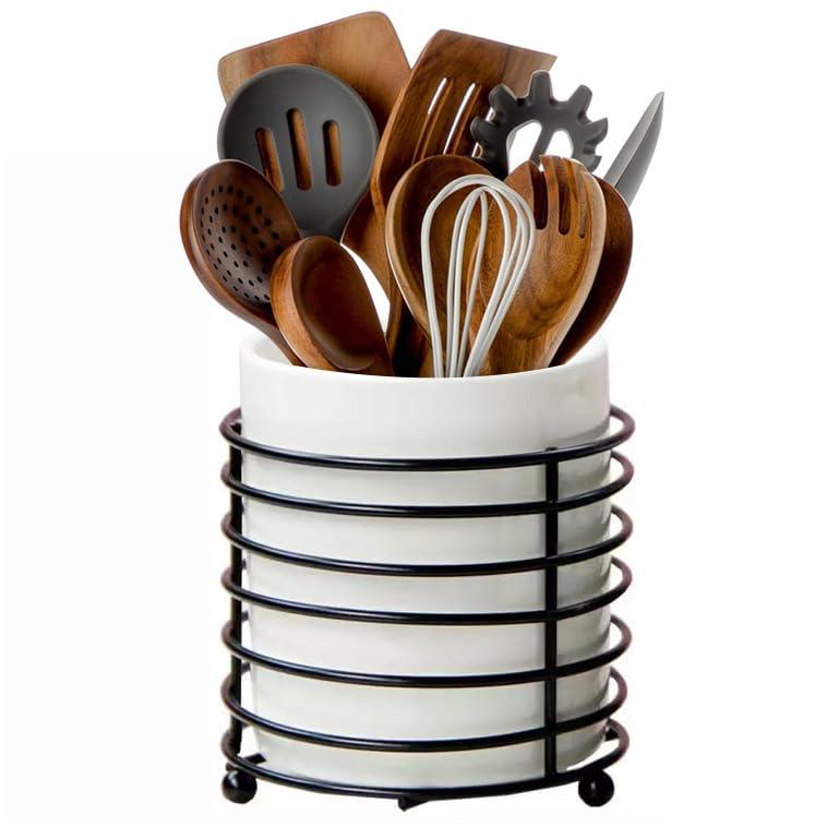 Utensil Holder for Kitchen Counter Large Cooking Utensil Holder,Black Ring Metal Frame and White Ceramics - color: White Black, size: XL