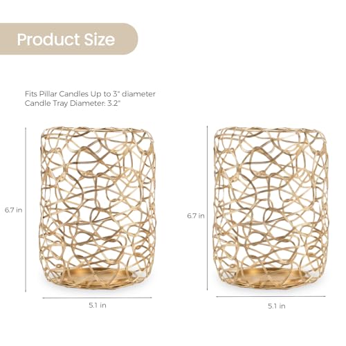 Nest Decorative Lanterns for 3'' Pillar Candles, Gold Candle Holders Set of 2, Rustic Candleholder Stand for Fireplace Mantel Decor & Table Centerpieces for Christmas, Thanksgiving