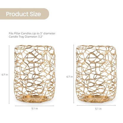 Nest Decorative Lanterns for 3'' Pillar Candles, Gold Candle Holders Set of 2, Rustic Candleholder Stand for Fireplace Mantel Decor & Table Centerpieces for Christmas, Thanksgiving