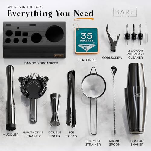 BARE BARREL® Mixology Bartender Kit Bar Set | 14-Piece Cocktail Shaker Set | Martini Barware Mixing Tools for Home Bartending | Incl. 35 Recipe Cards | Gift Set (28oz Boston Shaker, Jet Black/Black) - color: Jet Black/Black