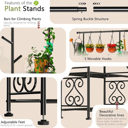 GIOTORENT Plant Stand Indoor, 3-Tier Heavy Duty Metal Shelf for Patio & Indoor, Tall Plant Holds 14+ Plants with 5 Hooks, Rust-Proof Plant Holder for Garden, Balcony, Living Room, Black - size: B-3Tier-Hanger