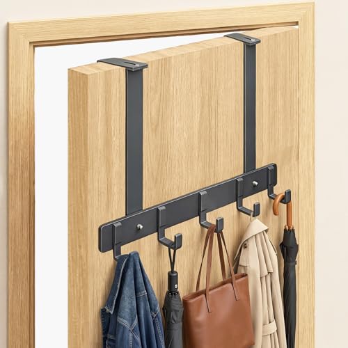 Adjustable Over The Door Hooks, 5 Hooks Over The Door Organizer with Suction Cup, Towel Racks for Bathroom Fits 1.38~2.56 in Thick Door, for Bedroom Door, Entrance Door - 11.02 in Tall - size: 11.02" Tall