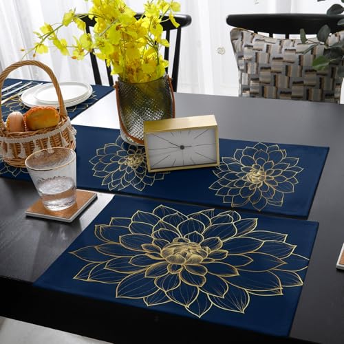 Table Runner and Placemats Set of 4 Abstract Golden Flower Decorative Dining Table Runner with Matching Placemats Floral Blue Modern Art Table Decor for Kitchen Dining Room and Everyday Use 13x90in - size: 13"x90"+4pcs