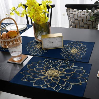 Table Runner and Placemats Set of 4 Abstract Golden Flower Decorative Dining Table Runner with Matching Placemats Floral Blue Modern Art Table Decor for Kitchen Dining Room and Everyday Use 13x90in - size: 13"x90"+4pcs