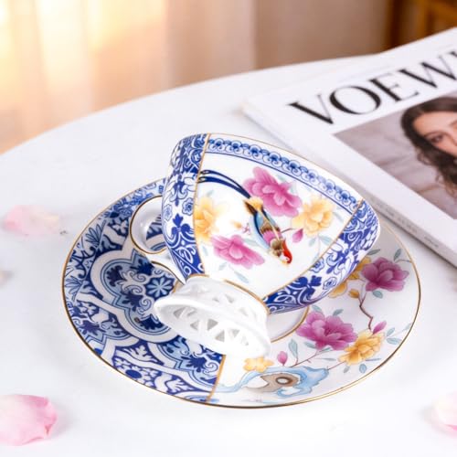 KAMMAK Tea Cups and Saucers Set of 2, Fine Bone China Coffee Cups, GH011 | Stackable Espresso Mugs, Ceramic Demitasse for Coffee, Cappuccino, Latte, Americano, Tea - size: 8KPGH011