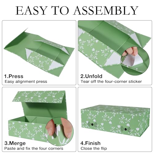 LFBOX Green Leaves Gift Box with Magnetic Lids 5 Pack | Large Bridesmaid Groomsman Proposal Boxes,13.8x8.3x4.4 in, Collapsible Rectangle Storage Box Bulk - color: Green Leaves, size: 1 Count (Pack of 5)