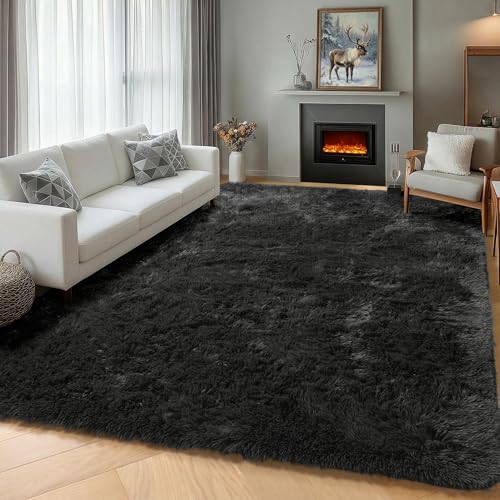 Black 6x9 Area Rugs for Living Room Bedroom, Large Fluffy Soft Plush Floor Big Indoor Shaggy Carpet for Kids Girls Boys Teen Dorm Home Nursery Playroom Decor Aesthetic - color: Black, size: 6' x 9' (Rectangular)
