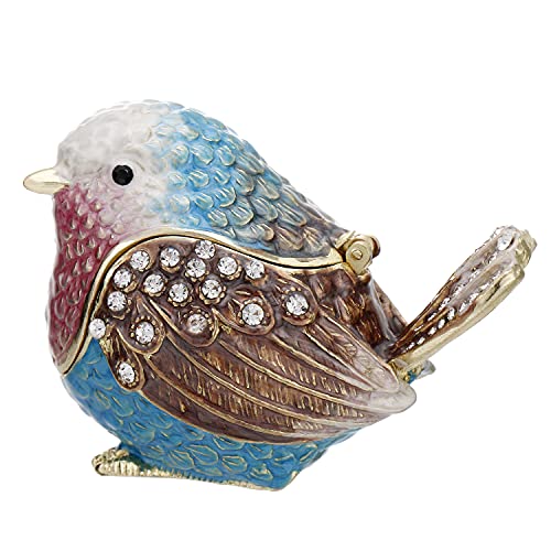 Hand Painted Enamel Robin Bird Trinket Box for Home Decor, Hinged Jewelry Organizer for Ring Earrings, Unique Figurine Keepsake Collectible Personalized Elegant Handmade Ornament Gifts (Blue Sparrow) - color: Blue Sparrow