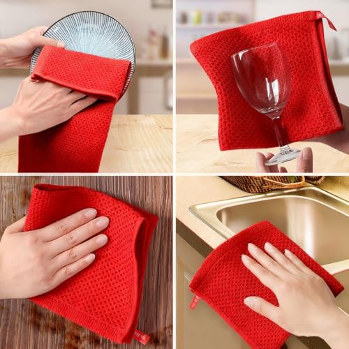 100% Cotton Waffle Weave Kitchen Dish Cloths, 6 Pack Ultra Soft Absorbent, Quick Drying Dish Towels, 12x12 Inches, Dish Rags for Drying Dishes & Daily Kitchen Use (Red) - color: Red
