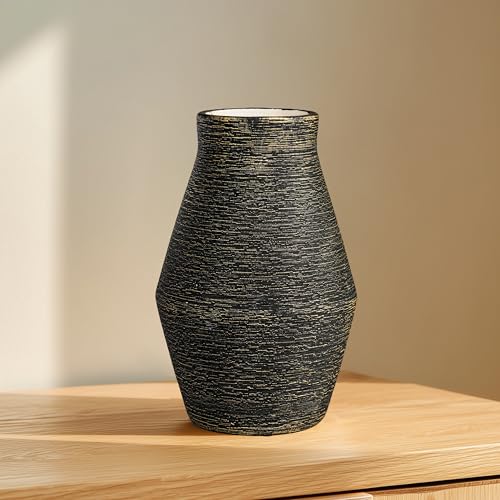 Black Ceramic Flower Vase, 10 Inch | Modern Nordic Decorative Vase for Living Room, Mantel, End Table, Bathroom and Shelf Home Decor - color: Black and Gold, size: 10 inch
