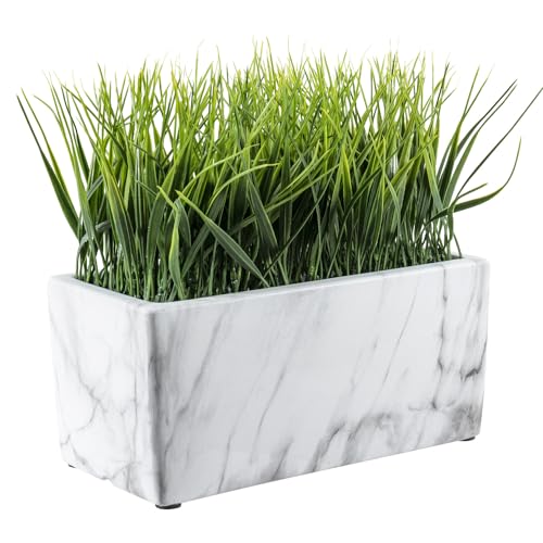 MyGift 10 Inch Artificial Green Grass Plant in Rectangular White Marble Pattern Ceramic Planter Pot - color: White Marble