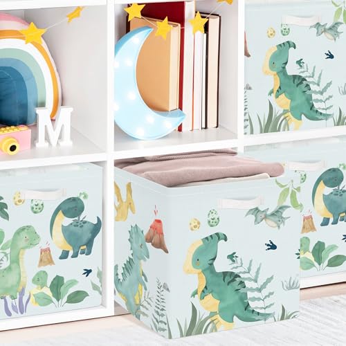 Clastyle 11.8" Dinosaur Storage Basket Set of 3 for Kid Boy Toy Clothes Bin | Collapsible Fabric Book Bin, Metal Frame Bottom Board, Cube Organizer, Closet Nursery Pantry Shelf Bedroom, Green Volcano - color: Volcanoes