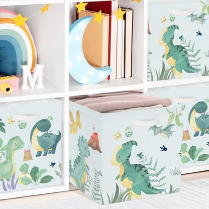 Clastyle 11.8" Dinosaur Storage Basket Set of 3 for Kid Boy Toy Clothes Bin | Collapsible Fabric Book Bin, Metal Frame Bottom Board, Cube Organizer, Closet Nursery Pantry Shelf Bedroom, Green Volcano - color: Volcanoes