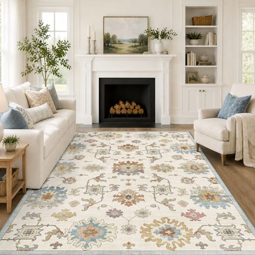BLISSA Washable 5x7 Area Rug Soft Boho Cream Multi Oushak Print Bedroom Rug | Oriental Non-Slip Ultra-Thin Distressed Vintage Carpet for Living Room Dining Room Nursery Playroom Home Office - color: Oushak - Cream Multi, size: 5' x 7' (Rectangular)