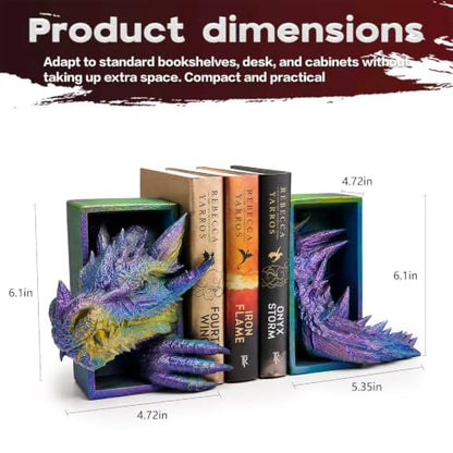 Dragon Bookends Ornaments, Gothic Fantasy Bookends, Book Lovers Unique Resin Shelf Holder Set, Functional Resin Animal Statue Sculpture Book Holder for Home Office Bookshelf（Purple） - color: C