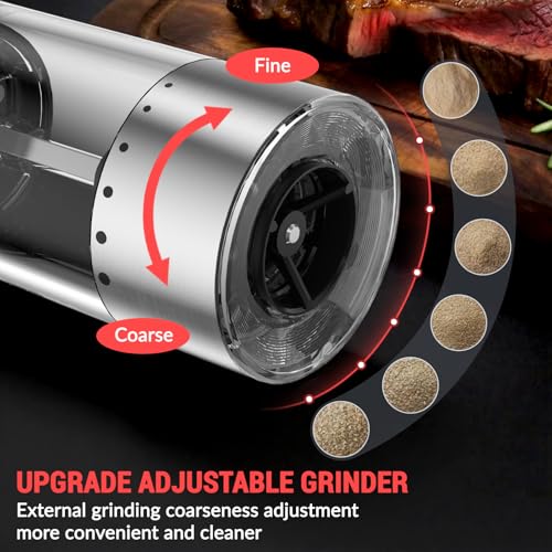 Electric Salt and Pepper Grinder Set with External Coarseness Adjustment, 95ml Large Capacity Automatic Pepper Mill, USB-C Charging Base with LED Light, Stainless Steel Spice Grinder, 2-Piece Set - size: Upgraded Adjustment Version (1 Pack)