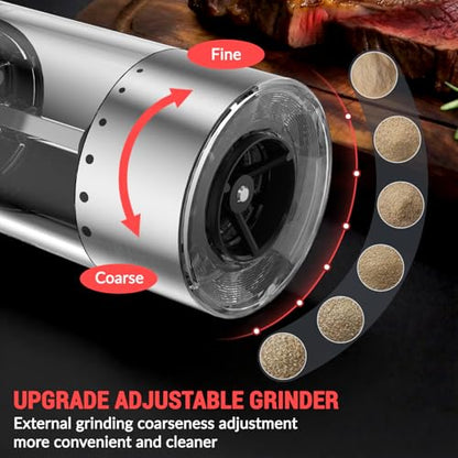 Electric Salt and Pepper Grinder Set with External Coarseness Adjustment, 95ml Large Capacity Automatic Pepper Mill, USB-C Charging Base with LED Light, Stainless Steel Spice Grinder, 2-Piece Set - size: Upgraded Adjustment Version (1 Pack)