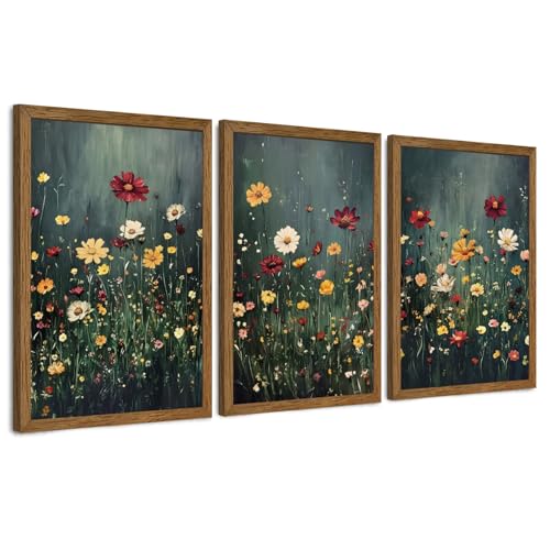 Urmoya 3 Pieces Moody Wildflower Dark Academia Floral Wall Art, 16x24 in | Vintage nature floral landscape wall decor, Wood framed, Ready to hang, Canvas art prints, over sofa, Bedroom, Office - color: Wildflower, size: 24"L x 16"W