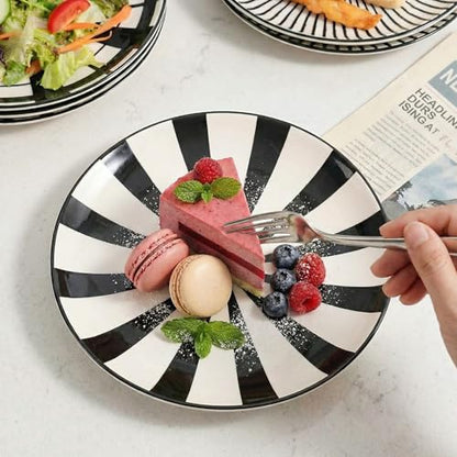 Ceramic Dessert Plates 8 Inch - Salad Appetizer Plate Set of 6 - Modern Japanese Style - Dishwasher and Microwave Safe - Black and White - size: 8 inch